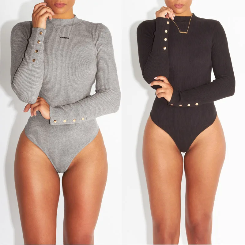 

Women Long Sleeve Bodysuit Fashion Sexy Stretch Leotard Women's Bodysuit With Button Solid Slim Casual Ladies Rompers HO704020
