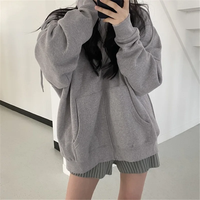 Harajuku Women Sweatshirts Korean Version Solid Zip Up Hoodies Jacket Retro Long Sleeve Fleece Hooded Sweatshirt Coats Women