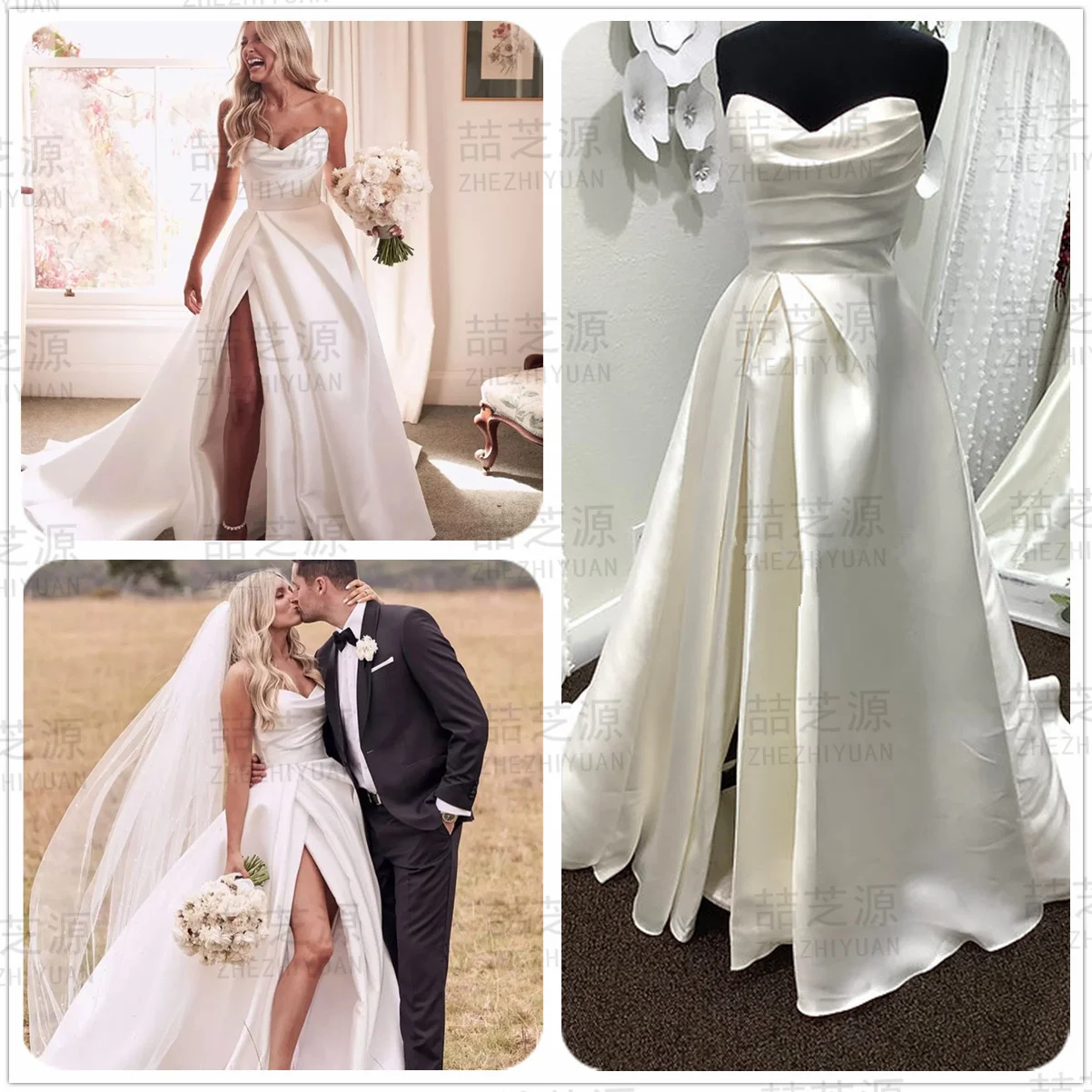 

Великолепное Белое Атласное свадебное платье А-силуэта, милое свадебное платье со складками, свадебное платье до пола с высоким разрезом сбоку