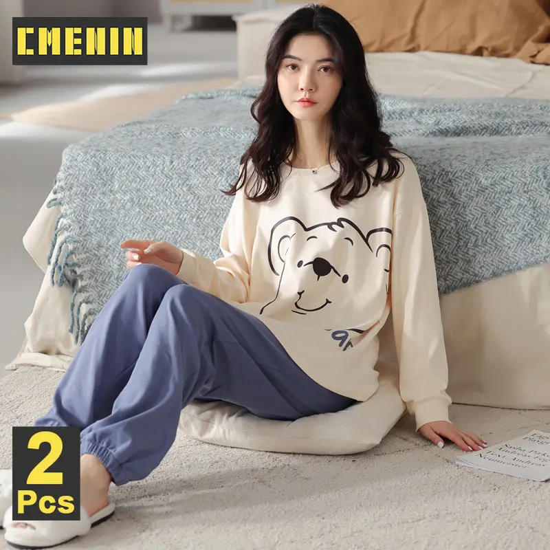 

CMENIN 2 Pieces Loungewear Pajamas Set Cute Bear Girl's Sleepwear Cotton Long-sleeved Trousers Autumn And Winter Homewear Suit