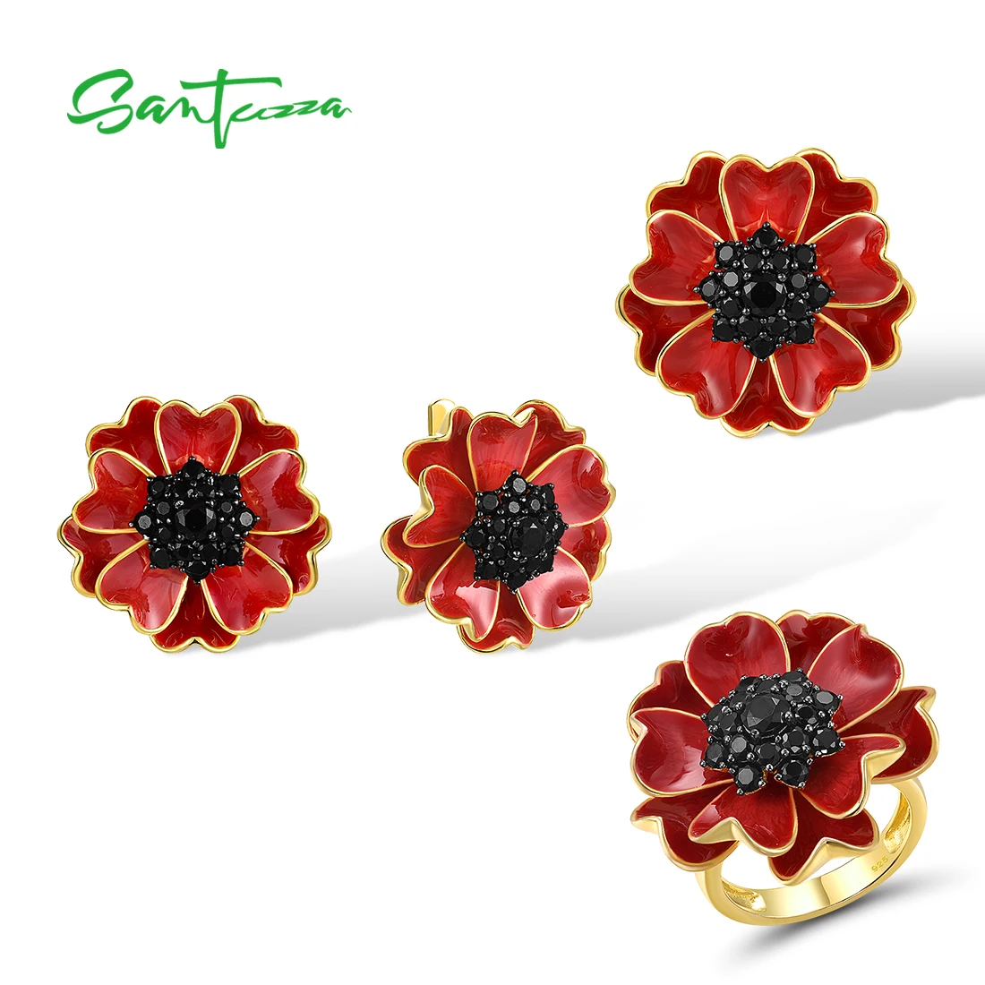 

SANTUZZA 925 Sterling Silver Jewelry Set For Women Black Spinel Red Blossom Sun Flower Pendant Earrings Ring Enamel Fine Jewelry