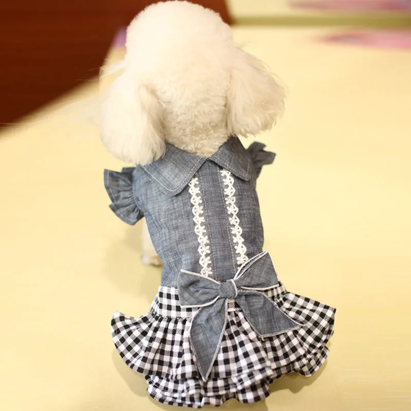 

Dog Clothes Bowtie Dog Denim Dress For Small Dogs Flying Sleeve Tshirt Girl Dress Princess Dresses Jeans Tutu Skirt Yorkie Shirt