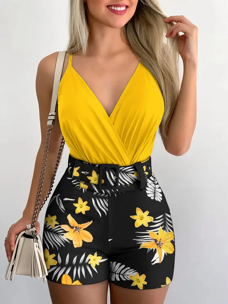 2022 Summer Women's Two-piece Fashion Beach Style Holiday Style Solid Printing Casual Sexy Two-piece Set Clothing Ropa Mujer