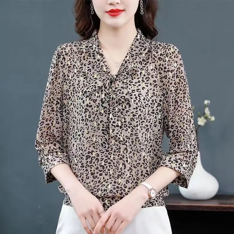 

Spring Summer Chic Leopard Print Blouse Women Ol Office Lady Long Sleeve Blusas Elegant Drawstring Bow Chiffon Shirts Tops