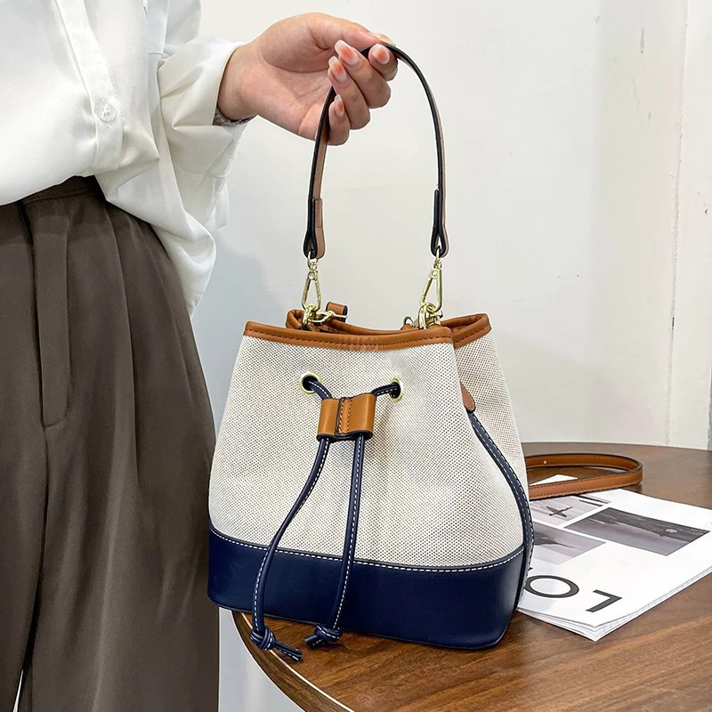 Fashion Canvas Bucket Shoulder Bag Women Contrast Color Drawstring Crossbody Tote Female Portable Messenger Bags Ladies Handbags