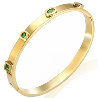 jinhui luxury new trendy gold plated green zircon cuff bangle geometric cz crystal bracelets for women party jewelry gift