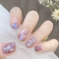24pcs fake nails wearing nail art finished purple pearl camellia wearing nail pieces long press nail art accessories