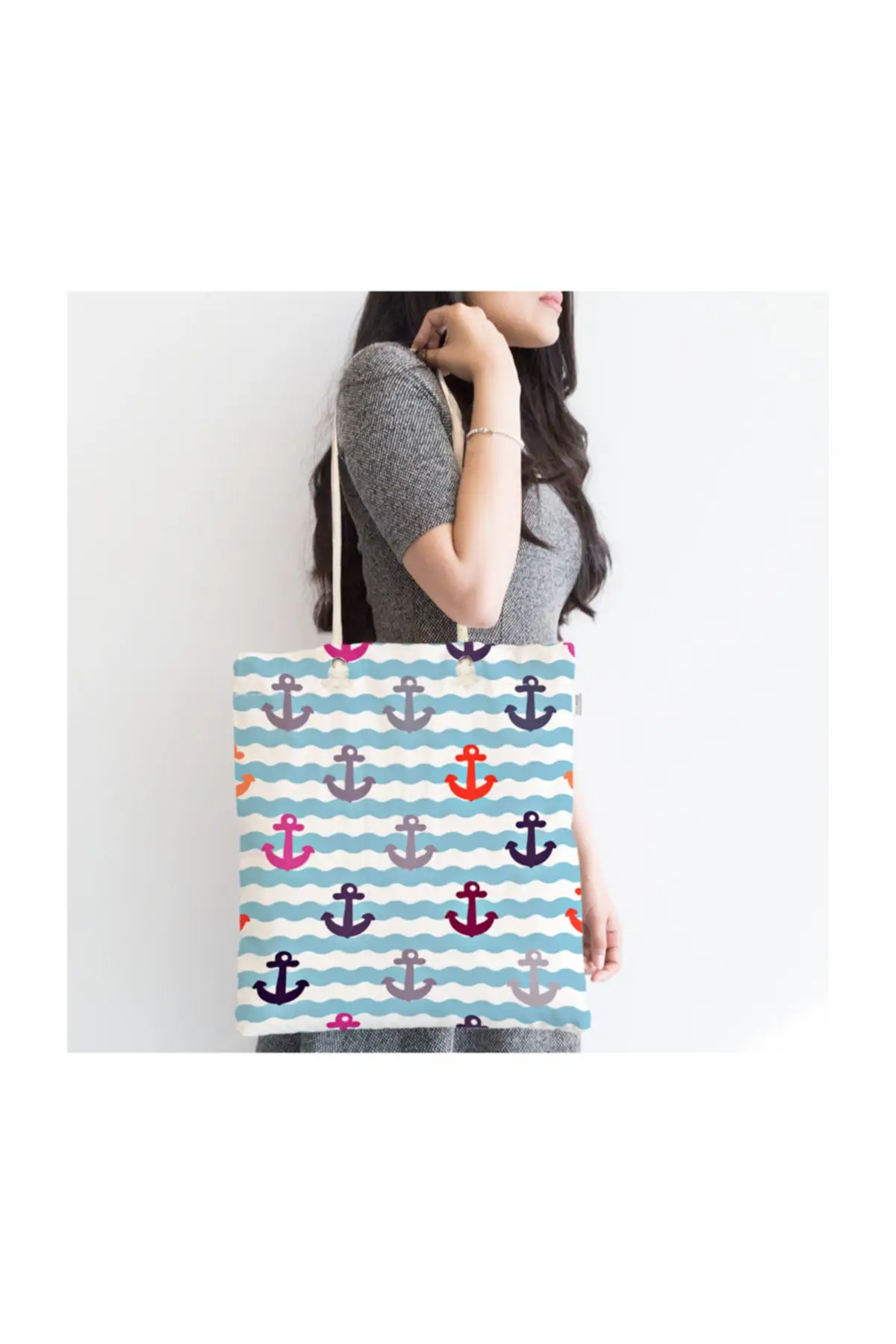 

Women Beach Bag Sailor Pattern Digital Printed Zipper Fabric On Blue Background Tote Bag Summer Shopping Bags