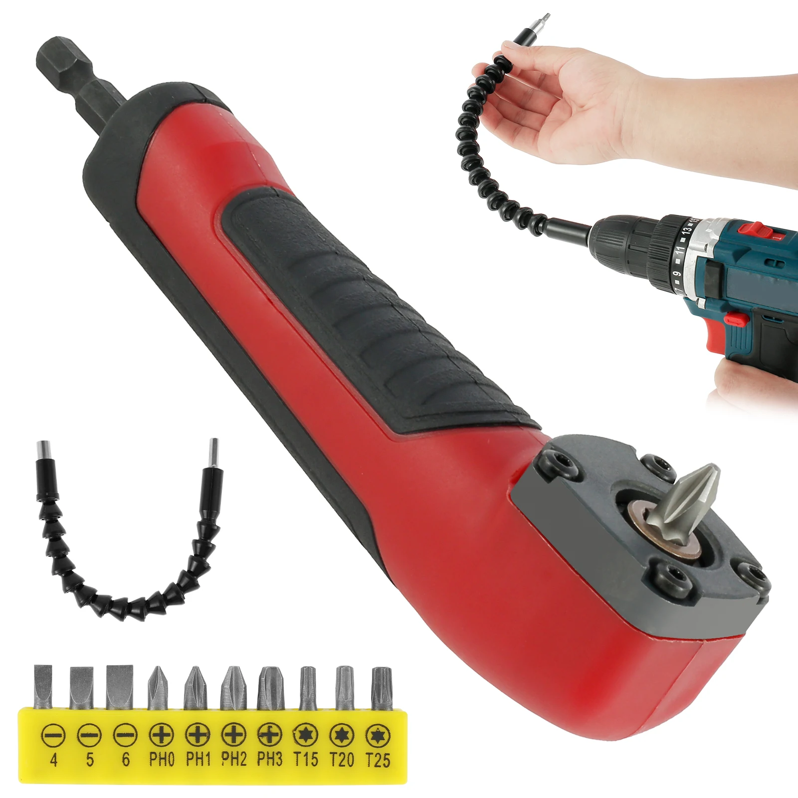 

Right Angle Attachment Multifunctional 90° Right Angle Drill Adapter with 10 Bits and 1 Extension Rod Magnetic 90° Drill Bit