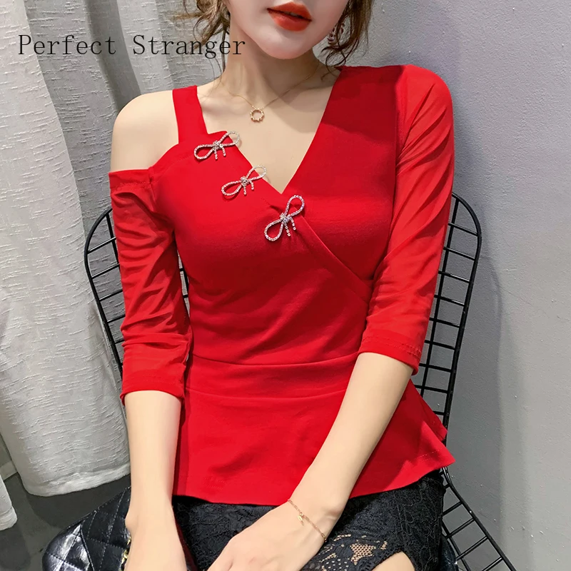 

Autumn Winter Woman Tshirts Fashion Casual 3/4 Sleeve Women Tops and Shirt Elegant Slim V-neck Mujer Camisetas