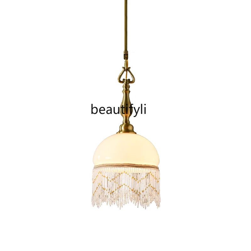 

yj French Style Mid-Ancient Bar Counter Copper Vintage Tassel Dining-Room Lamp American Xuan Bedside Hanging Lighting