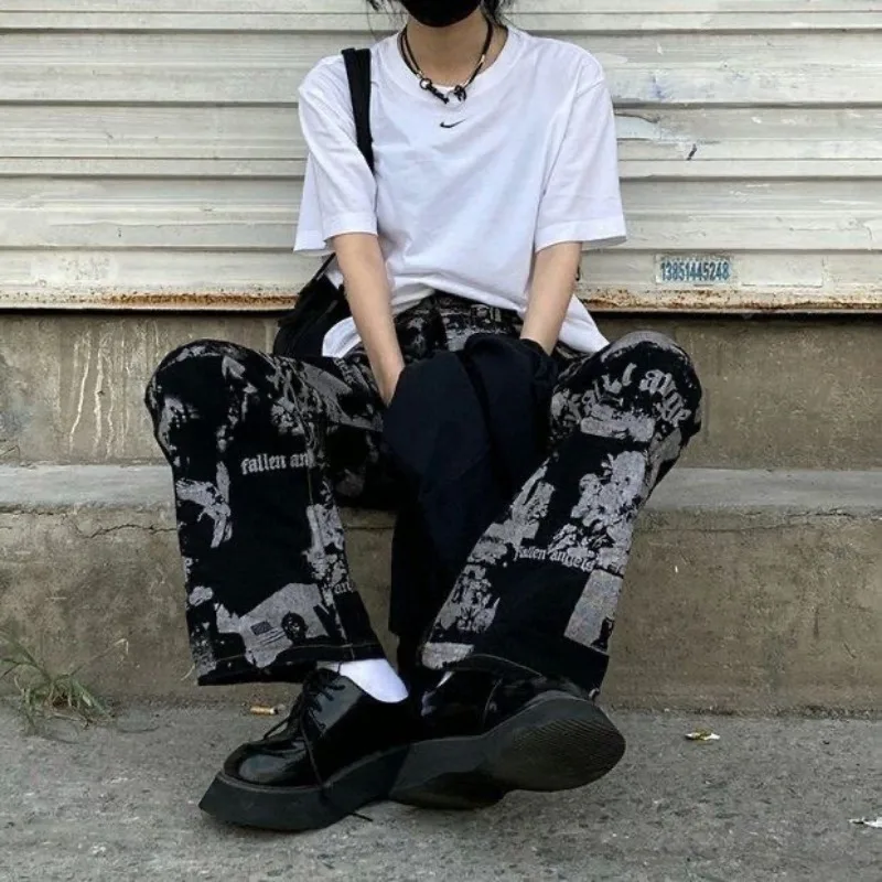 Deeptown Cyber Y2k Streetwear Jeans Women Denim Grunge Vintage Wide Leg Pants Gothic Gyaru Hippie Oversized High Waist Trousers