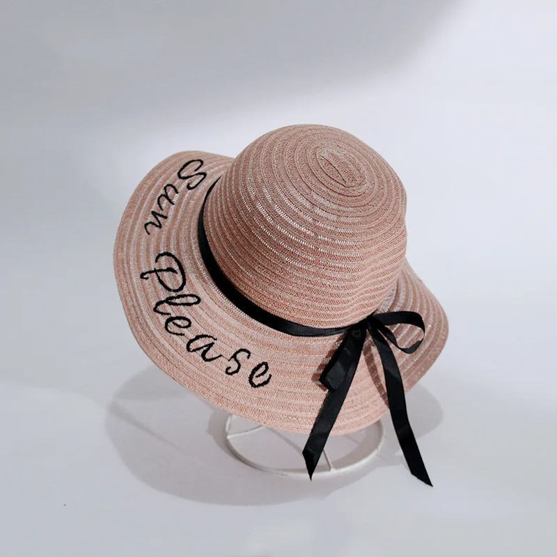 

Women's Hats Spring and Autumn Fashion Sunscreen Letter Embroidery Lace Bow Fisherman Cap Korean Version Lady Straw Sun Hat