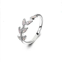 s925 sterling silver ring small fresh and sweet temperament feather leaf diamond open tail ring silver jewelry wholesale