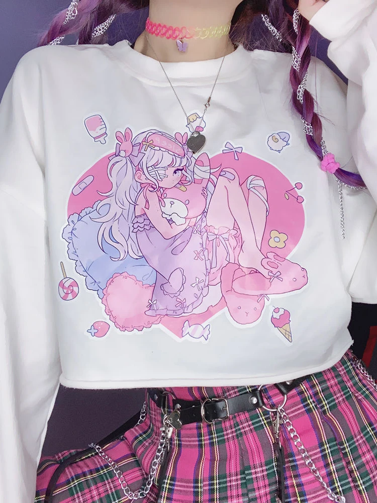 Deeptown Anime Long Sleeve T-shirt Women Crop Tops Japanese Kawaii Girl Print Top Sweet Cartoon Graphic Tees Sexy Female Clothes