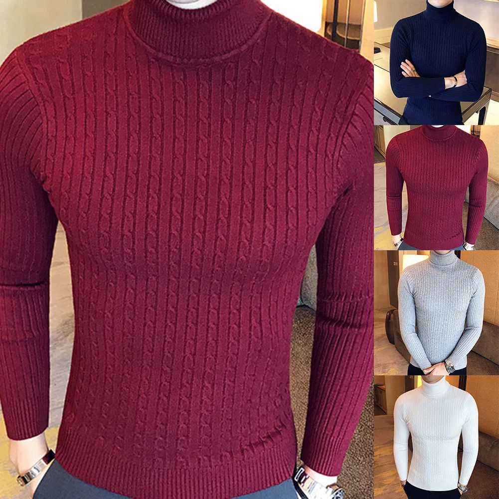 

Men's Casual Pullover Winter Solid Color Turtleneck Long Sleeve Twisted Knitted Slim Sweater Men's Knitwear Sweater