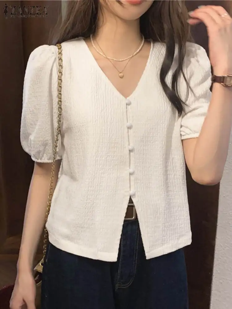 

Women Elegant V Neck Half Sleeve Shirt ZANZEA Summer Fashion Blouse Casual Buttons Up Blusas Solid Work OL Tops Female Blusas