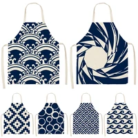 navy blue geometric pattern kitchen sleeveless apron linen bib home feminine cleaning tools home cooking accessories chef apron