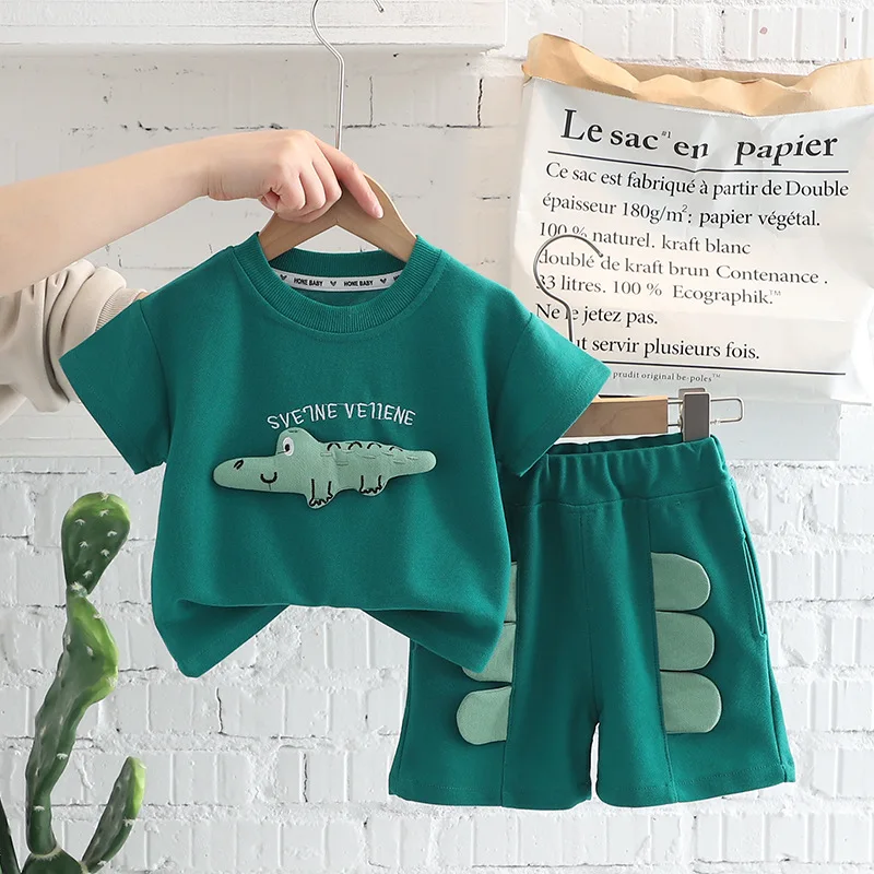 2023 Summer Toddler Boy Outfits Set 3D Dinosaur Short Sleeve T-shirts Cartoon Shorts Suit Infant Baby Boy Top And Bottom Set