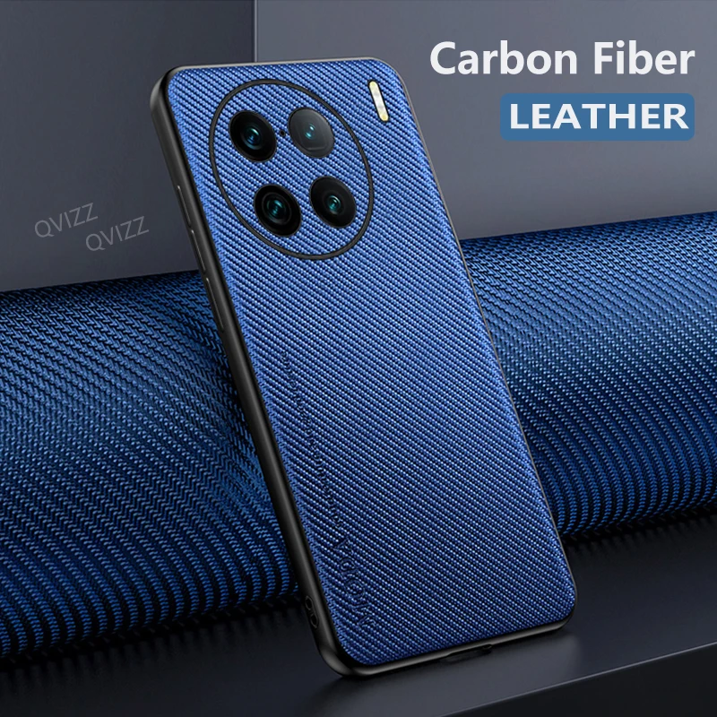 

Luxury Leather Case for vivo X90 Pro+ Plus Carbon Fiber Soft Silicone Edges Hard Armor Shockproof Phone Cover vivoX90Pro+Plus