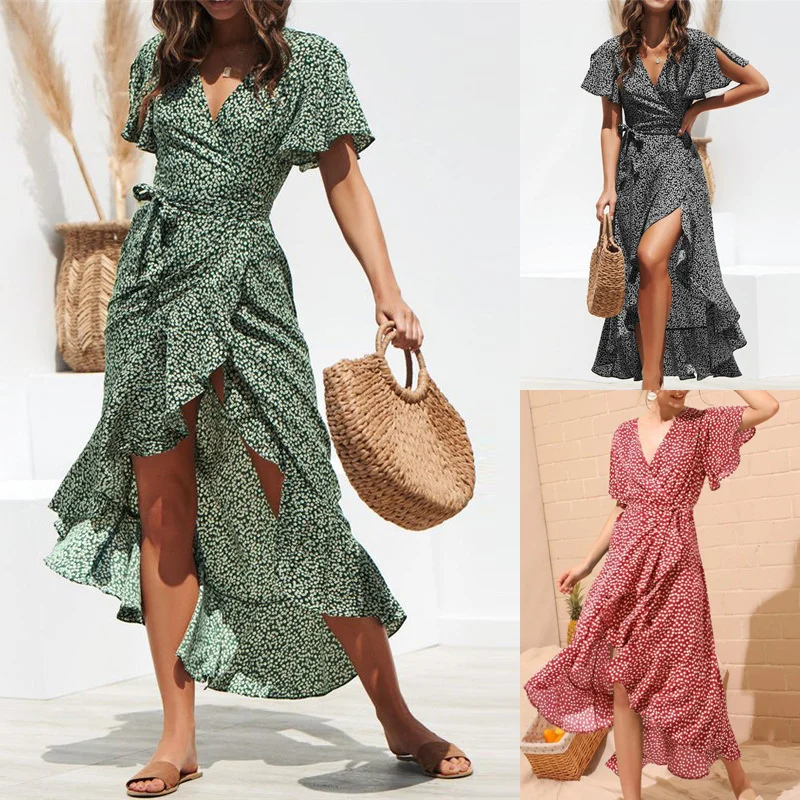 

Women's Dresses Sexy V-Neck Casual Irregular High Waist Short Sleeve Lace Up Chiffon Print Dress Summer New