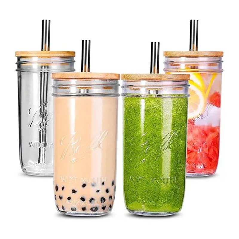 

Glass Jars Wide Mouth Smoothie Cups with Bamboo Lids and Silver Straws Drinking Glass Bubble Cups for Iced Coffee Travel Bottle