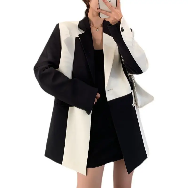 Fashion Black and White Stitching Women's Suit Jacket Women's Tops Office Lady Spring Autumn Coat Retro Designer Loose Za New