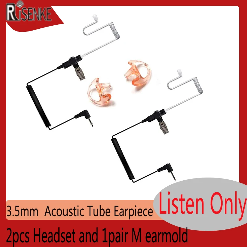 RISENKE Listen Only Acoustic Tube Earpiece 3.5mm Police Radio Headset with One Pair Medium Earmolds for Speaker Mic