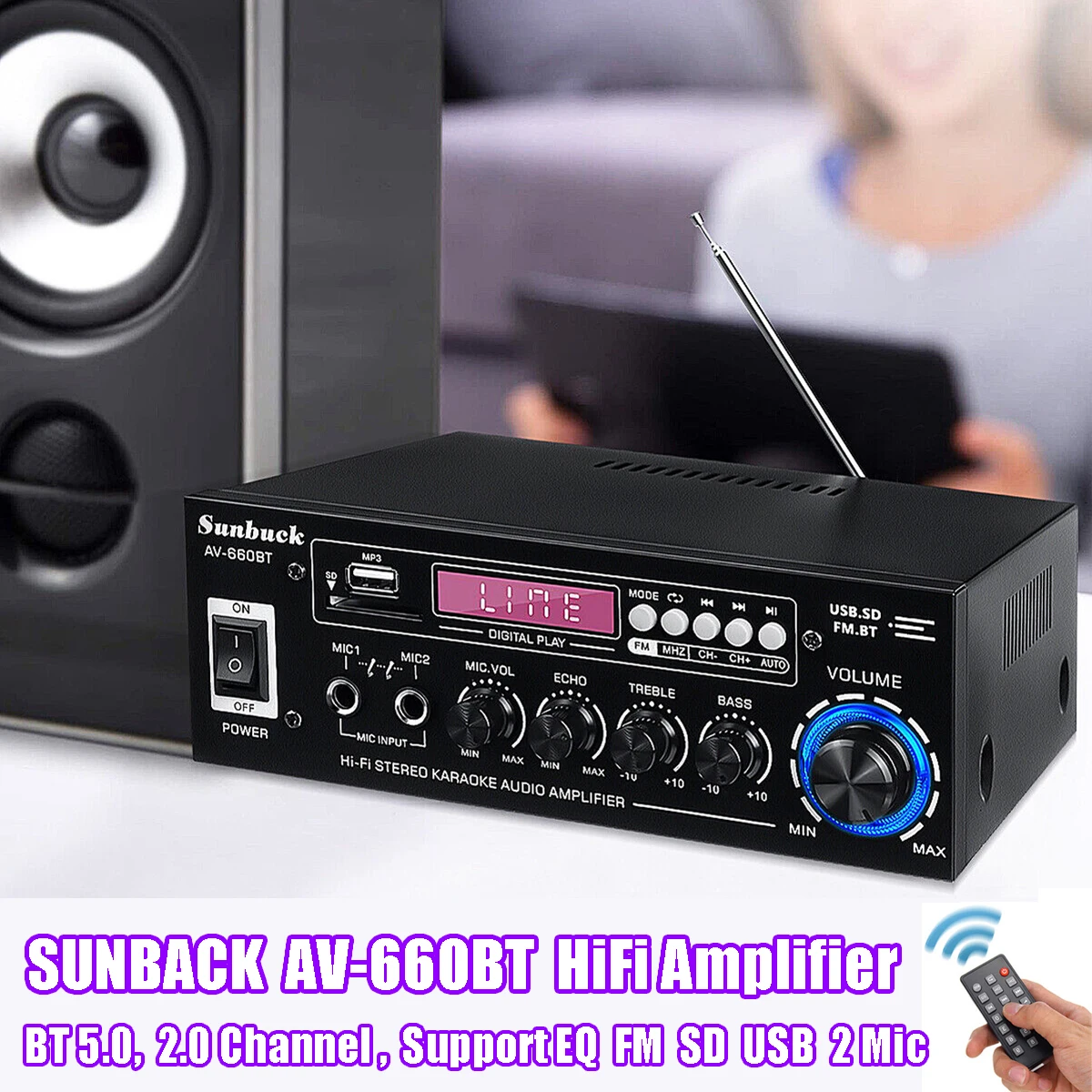 AK35/SUNBUCK AV-660BT Power Amplificador 2 Channel Bluetooth-Compatible HIFI Audio Amplifiers 110/220V Home Theater Sound System