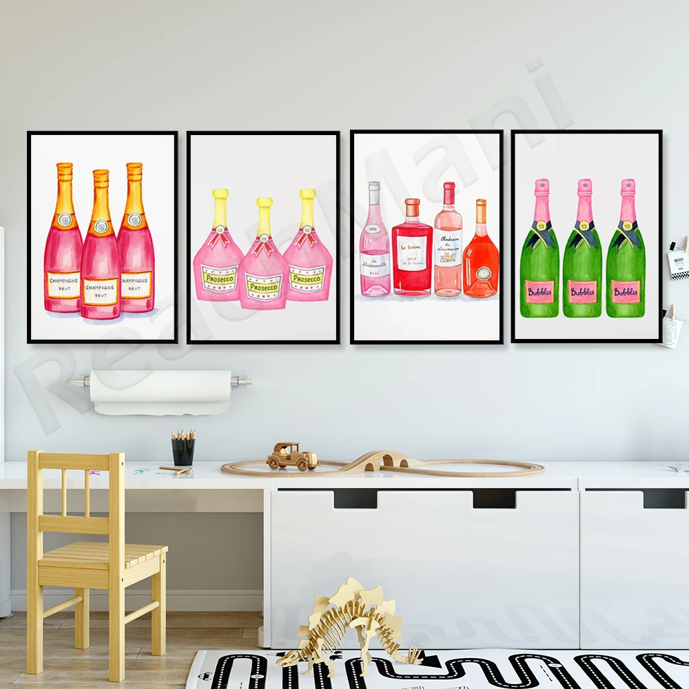 

Champagne print, rose wine bottle champagne bottle, champagne glass, modern minimalist art, champagne wall decoration poster