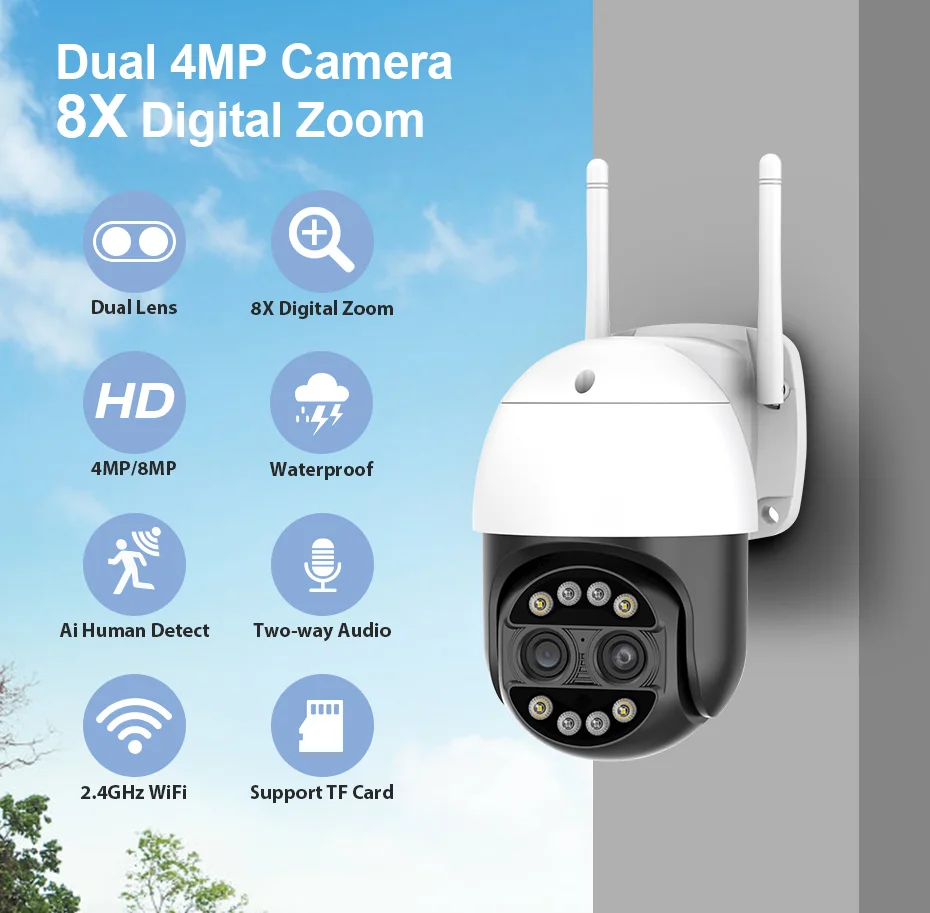 FUERS 8MP 4K 8x Гибридный зум наружная IP-камера WIFI PTZ камера обнаружения человека ночное