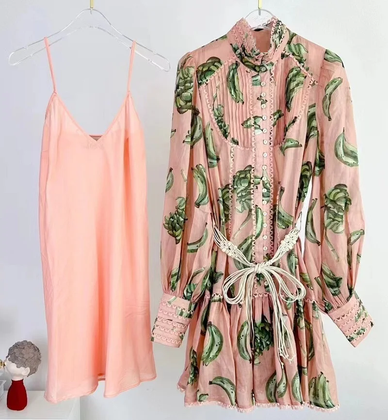 

100%Ramie Dress 2023 Summer Style Women Tropical Prints String Belt Deco Long Sleeve Mini Party Elegant Dress Gorgeous Vestidos