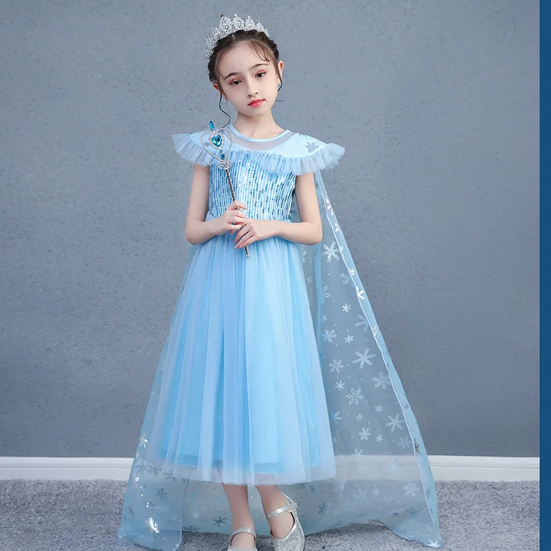 

Girls Sequin Lace Performance Dress With Cloak Frozen 2 Elsa Princess Puffy Dress Kids Aisha Snow Cosplay Gauze Costume