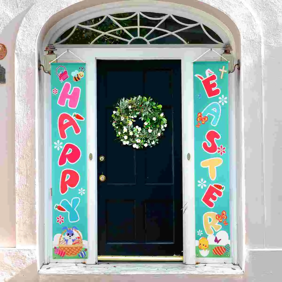 

2PCS Easter Decoration Welcome Happy Easter Banner Porch Sign Banner Easter Outdoor Decorations for Porch Easter Door Banner