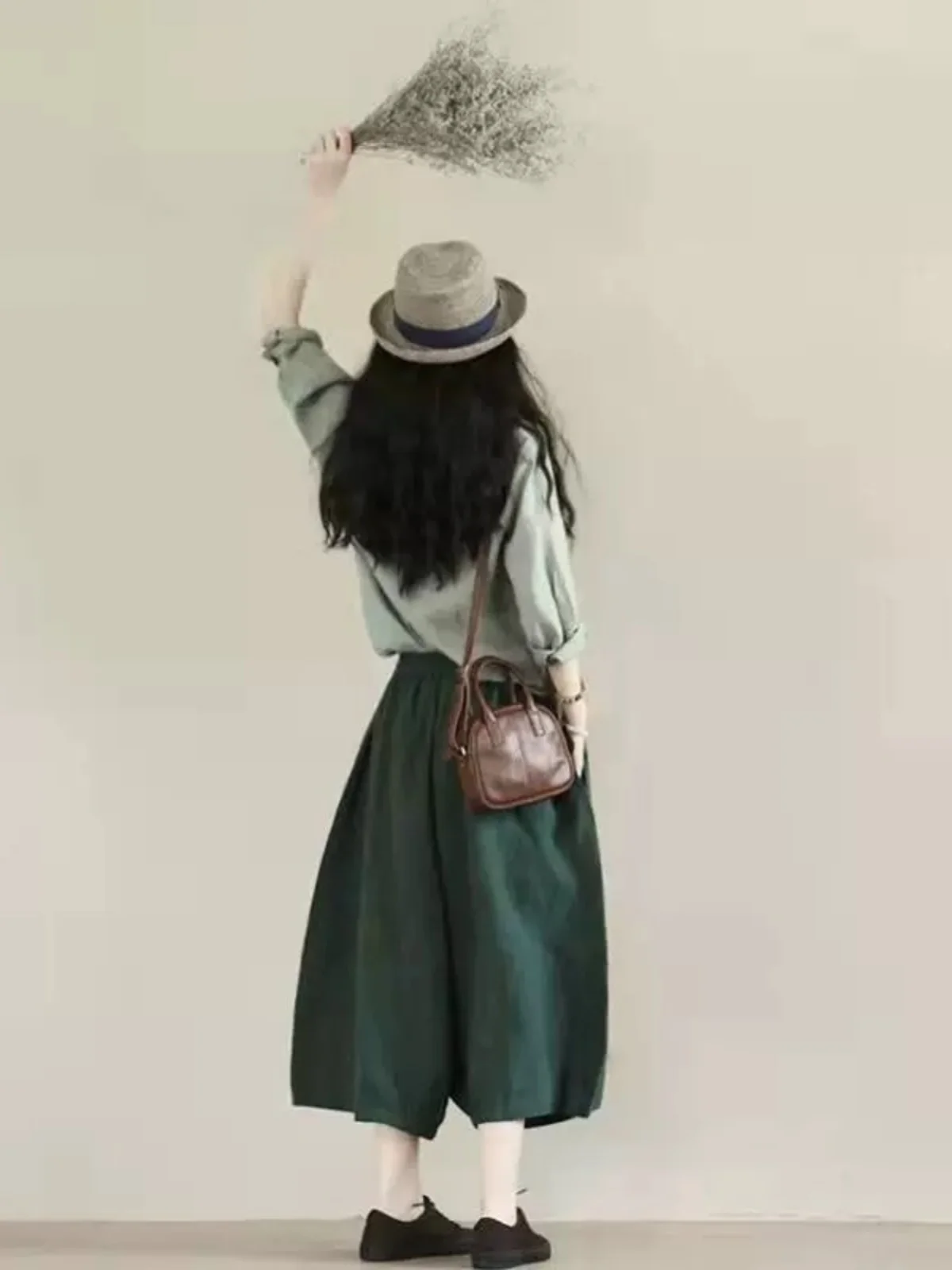 Зеленые рубашки из хлопка и льна в стиле ретро женские летние весенне-осенние