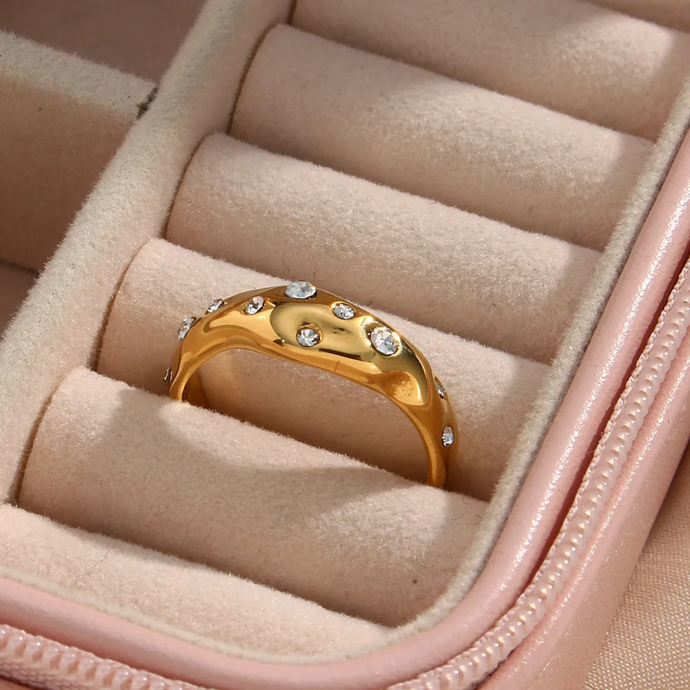 

G&D Stainless Steel White Stone Crystal Irregular Opening Ring Statement Golden 18 K Waterproof Ring Vintage Jewelry for Women