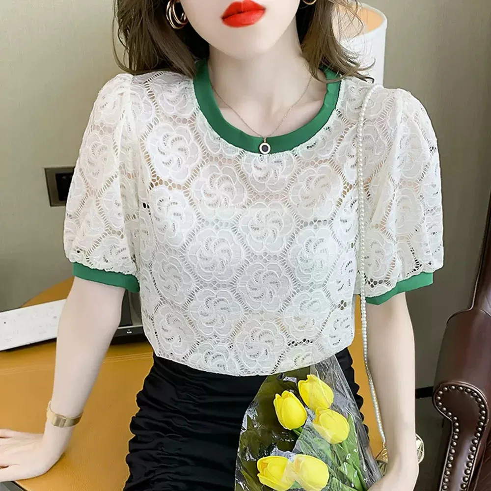 

Hollow-out Lace T-shirt Women's Short Sleeve 2023 Trendy Bubble Sleeve Unique Color Block Tops Summer Elegant Loose Ladies Tees