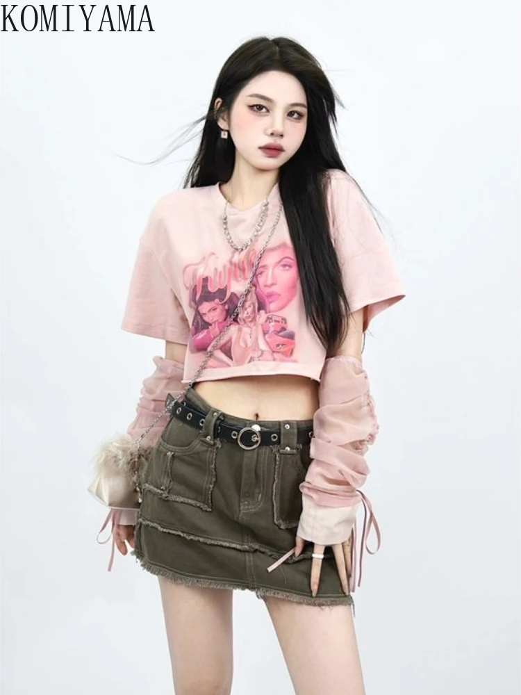 

Vintage Print Y2k T Shirts Streetwear Short Sleeve O Neck Camisetas 2022 Summer Casual Loose Gothic Lady Top Sun Protection Cuff