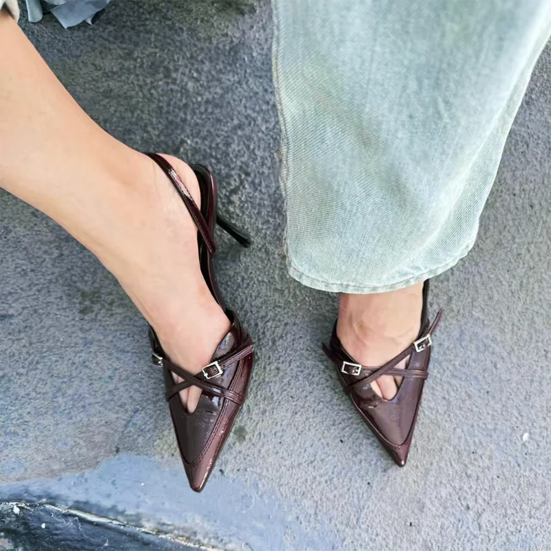 TRAF темно-красные туфли на шпильке с пряжкой и украшением женские сандалии