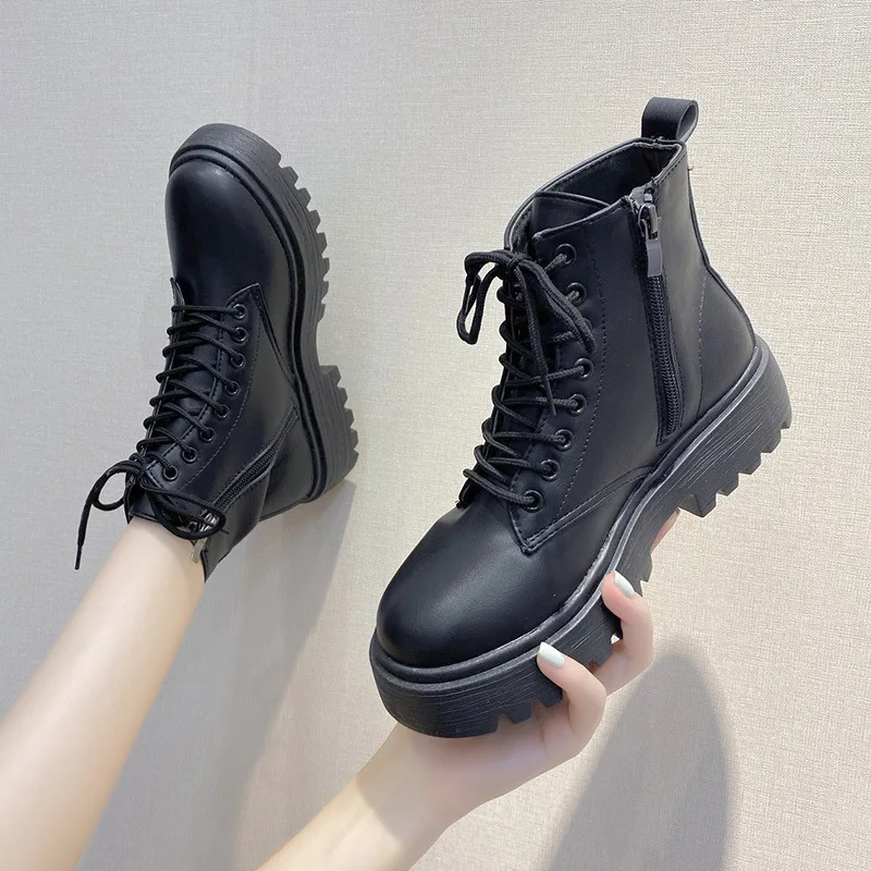 

2022 New Non-slip Spring Women Ankle Boots Fashion Lace-up Flat Ladies Casual Sewing Black Solid Color Female Big Size Shoes