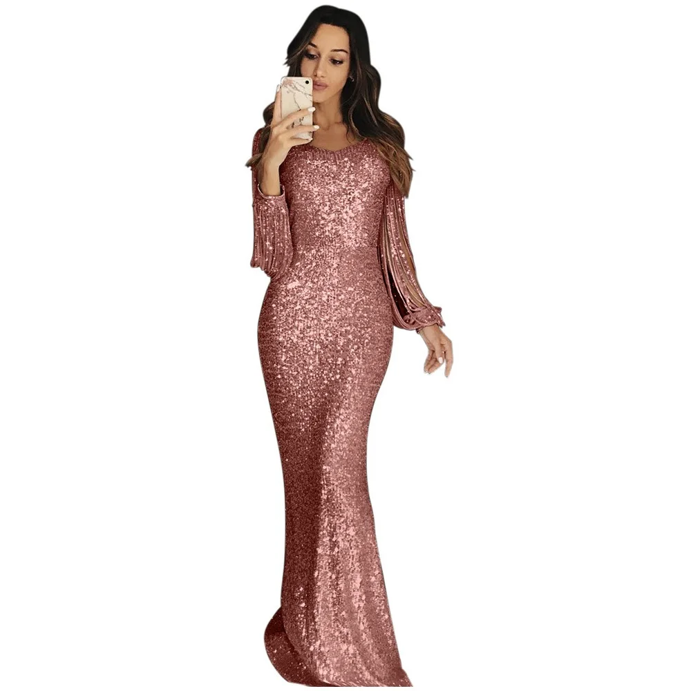 

2023 Fashionable Women's Long Dress Formal Evening Gown with Long Sleeves and Fringe Maxi Dresses for Women Birthday Dress