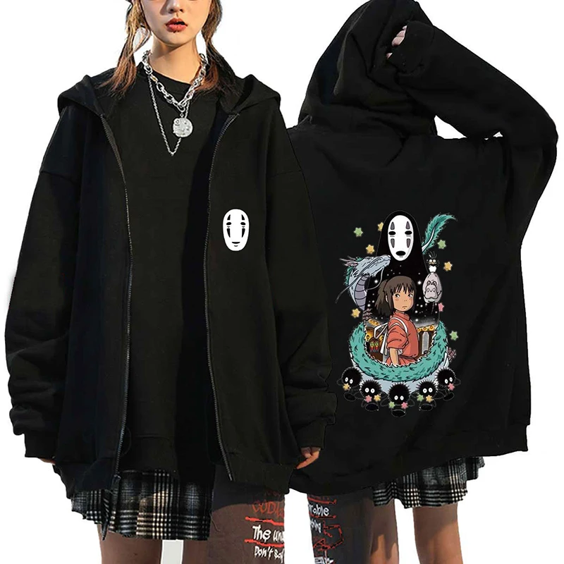 

Japanese Anime Spirited Away Fashion Zipper Hoodies Kawaii Fleece Sweatshirt Coat Miyazaki Hayao Harajuku Printed Zip Up Tops