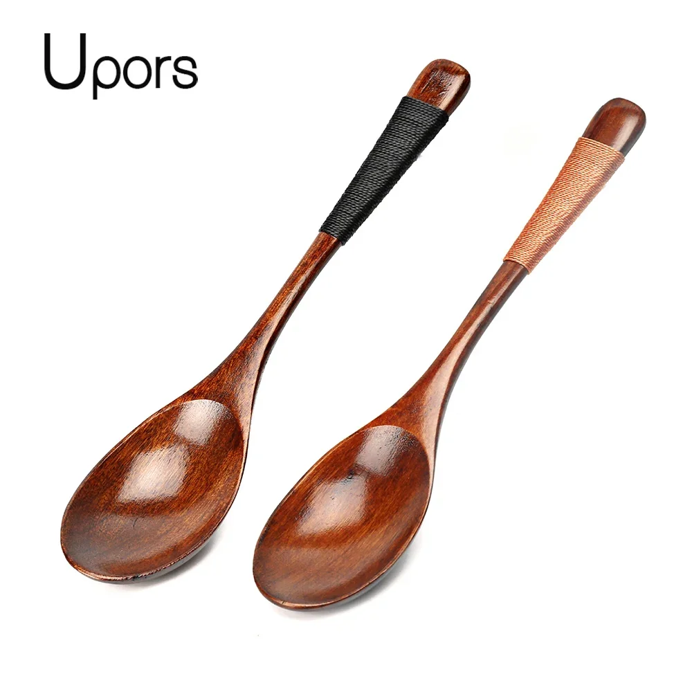 

UPORS 2Pcs Large Wood Spoons Long Handled Eco friendly Kids Rice Soup Spoon Wooden Dessert Spoon Handcraft Japanese Tableware