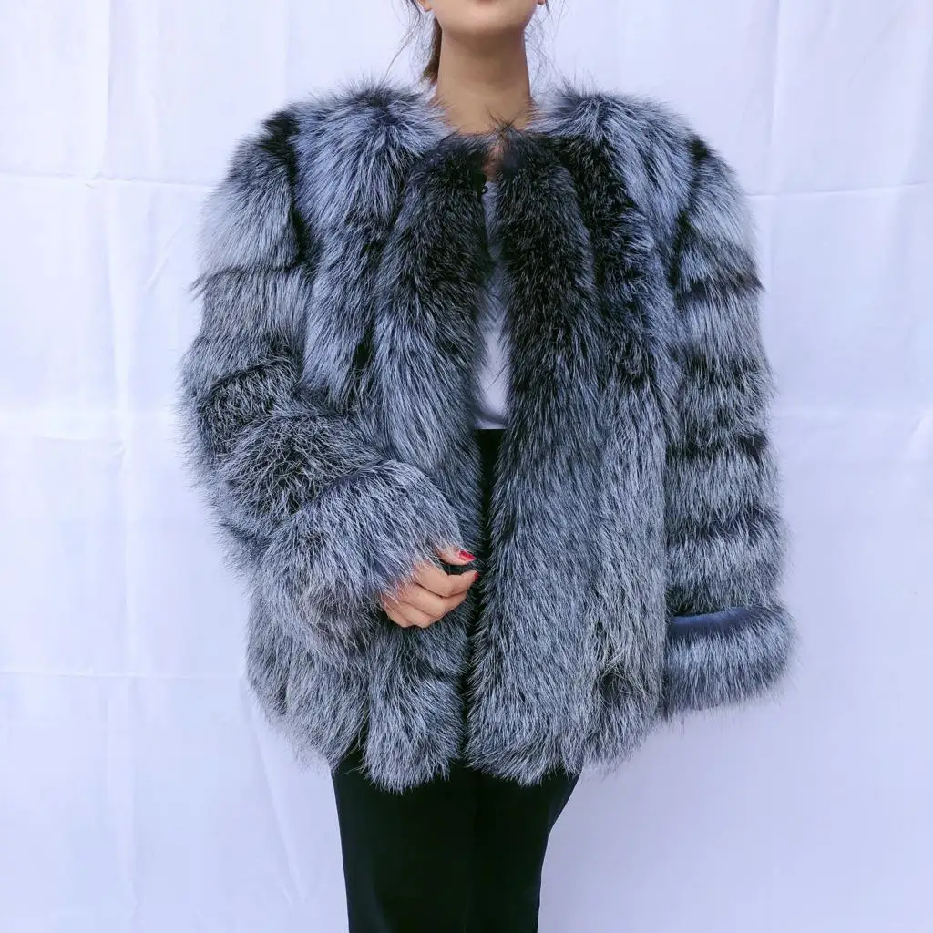 High Quality Women's Red Fox Fur Coat Vertical Stripe Silver Fox Overcoat Lady Natural Warm Thicken Fur Outwear Winter Clothing