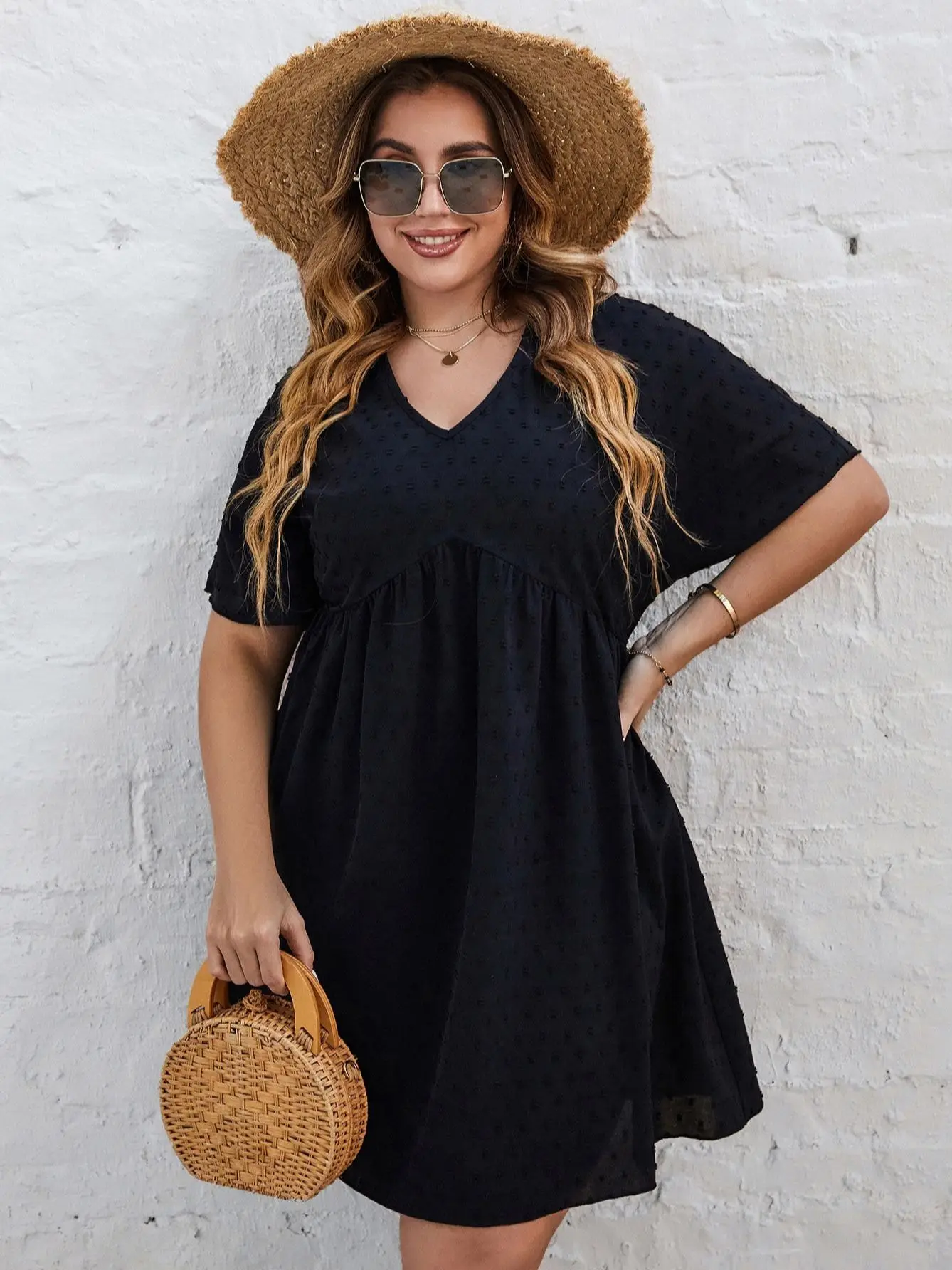 Plus Size Black Dress for Women Short Sleeve 2022 Autumn Clothing V Neck A Line Elegant Cotton Casual Loose Midi Tunic Dresses