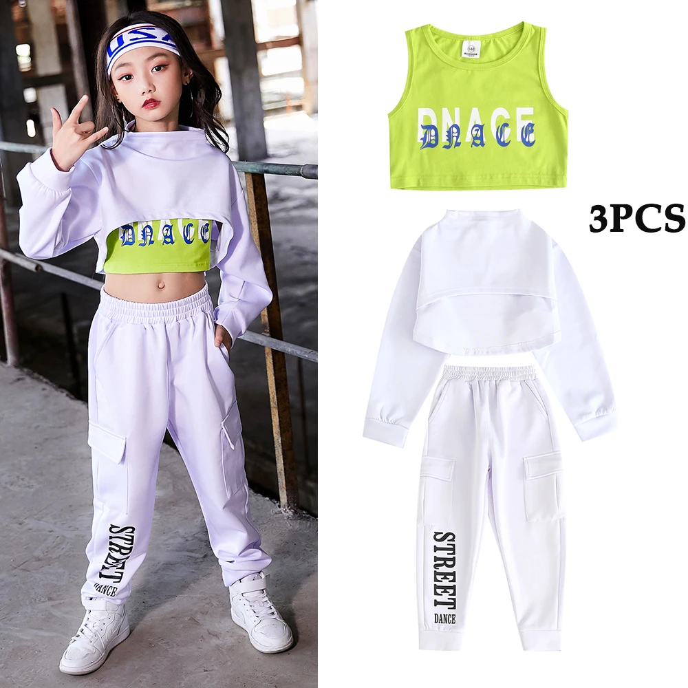 

Hip Hop Kids Jazz Dance Costumes Children Street Dance Hiphop Clothes Stage Show Wear Hooded Top Vest Pants 3pcs Outfits Girls