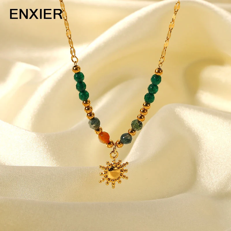 

ENXIER Natural Stone/Gold Color Sun Pendant Necklace For Women 316L Stainless Steel Chain Creative Retro Necklace Femme Jewelry