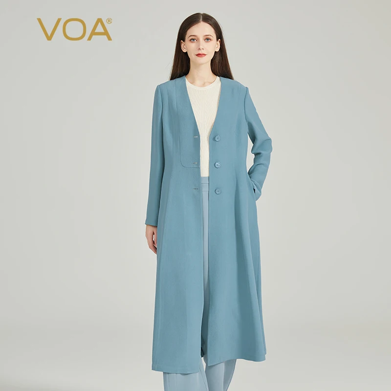 

(Fans Exclusive Discount) VOA Silk Ice Blue V-neck Long Sleeve Three-button Straight Windbreak Loose Silk Trench Coat FE390