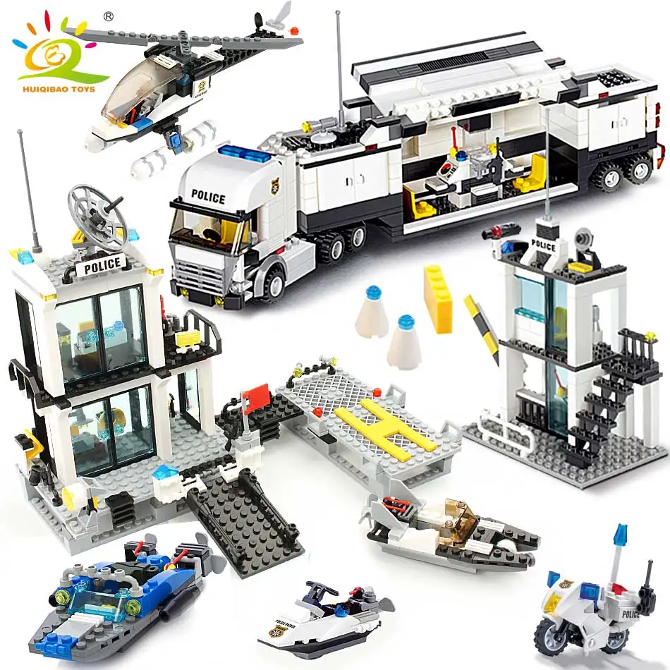 

HUIQIBAO City Police Station Building Blocks Prison Truck Helicopter Boat with Policemen Construction Bricks Toys for Children