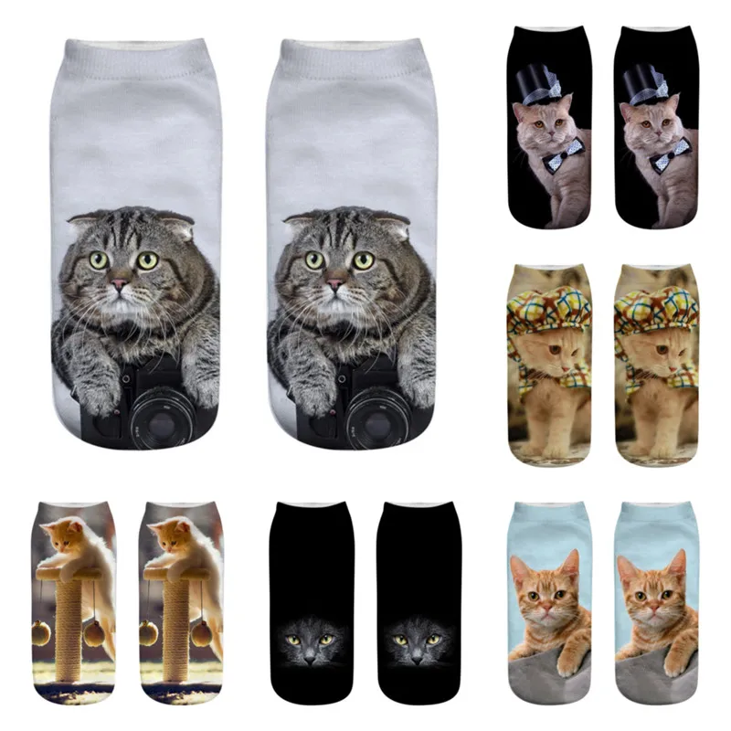 

3D New Print Cartoon Funny Cute Kitten Unisex Short Socks For Women Creative Colorful Multiple Cat Face Happy Low Ankle Socken